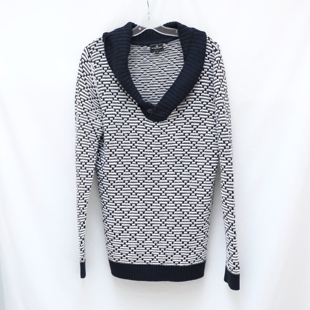 British Invasion Men' Sweater V-Neck Geometric Print L Large Cotton Navy Blue